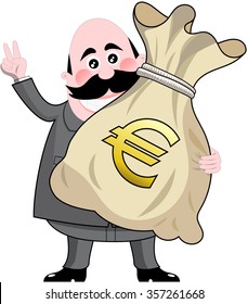 Happy cartoon businessman holding big sack full of money euro isolated 