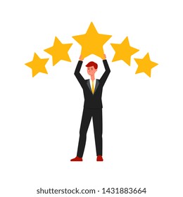 Happy cartoon businessman holding up one of yellow five star rating, positive customer review concept with flat isolated hand drawn style, vector illustration on white background