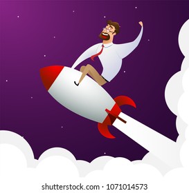 Happy cartoon businessman sitting on rocket ship flying through starry sky. Start up business concept.