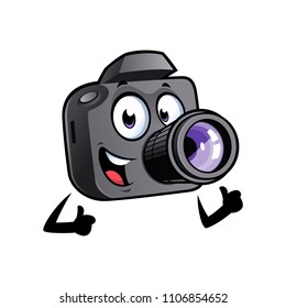 Happy cartoon camera mascot is smiling and with thumbs up.