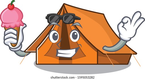 Happy cartoon of camping tent Scroll with ice cream