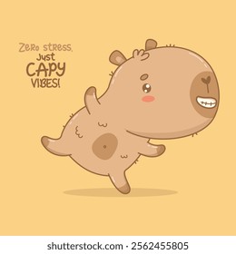 Happy Cartoon Capybara with Relaxed Vibes. Funny playful kawaii character. Vector illustration. Card with cool slogan. Kids collection