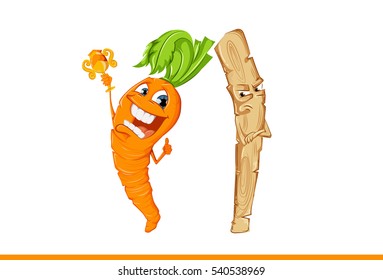 Happy Cartoon Carrot With Reward And Strict Stick. Vector Illustration