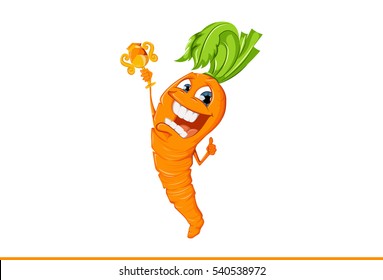 Happy cartoon carrot with reward .Vector illustration