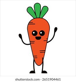 Cenoura de desenho animado feliz com rosto sorridente e topo folhoso. Ilustração vetor de caráter vegetal brincalhão, perfeito para campanhas de nutrição infantil e marca de fazenda fresca.