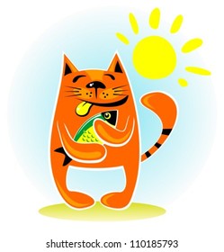 Happy cartoon cat with fish on a white background.