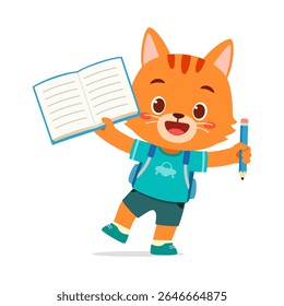 Happy Cartoon Cat Holding Book and Pencil Ready to Learn, Cute Animal Schoolkid