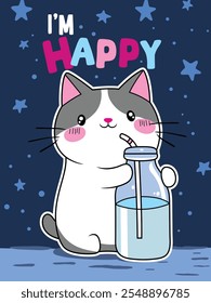 Happy Cartoon Cat Illustration Drinking Milk Under a Starry Night Sky  
