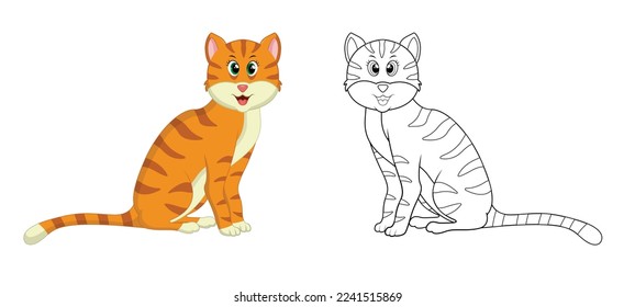 Happy cartoon cat with line art, cat sketch color less page isolated on white background.