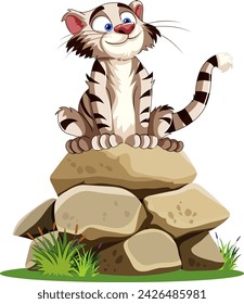 Happy cartoon cat perched atop a stone heap