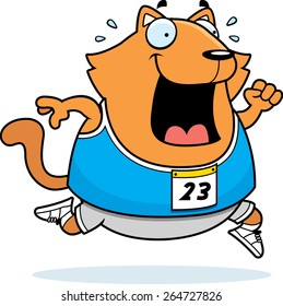 A happy cartoon cat running in a race.