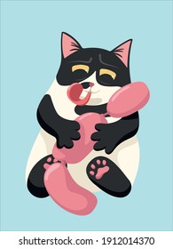 Happy cartoon cat with sausages isolated vector illustration