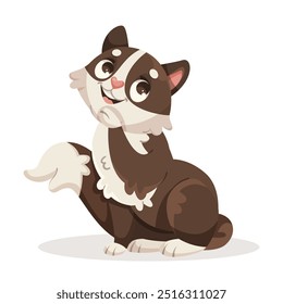 Happy cartoon cat sitting and raising paw. Vector illustration