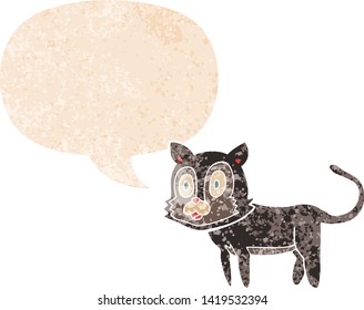 happy cartoon cat with speech bubble in grunge distressed retro textured style