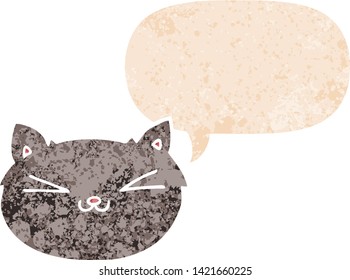felino de caricatura feliz con burbuja de habla en un estilo retro angustiado y texturado