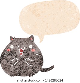 happy cartoon cat with speech bubble in grunge distressed retro textured style