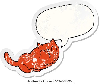 happy cartoon cat with speech bubble distressed distressed old sticker