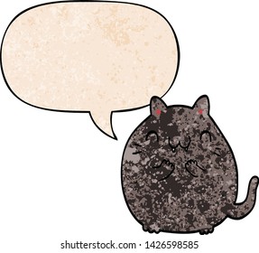 felino de caricatura feliz con burbuja de habla en estilo de textura retro