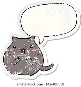 happy cartoon cat with speech bubble distressed distressed old sticker