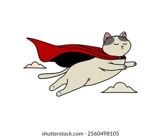 Happy Cartoon Cat in Superhero Cape for a Joyful Action Theme Illustration. Vector illustration