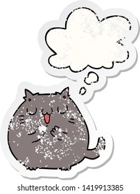 happy cartoon cat with thought bubble as a distressed worn sticker