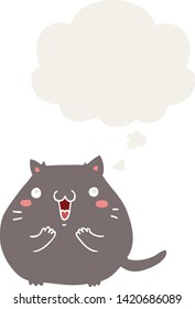 felino de caricatura feliz con burbuja de pensamiento en estilo retro