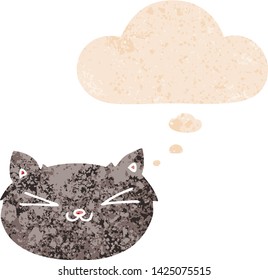 felino de caricatura feliz con burbuja de pensamiento en un estilo retro angustiado con textura gruesa