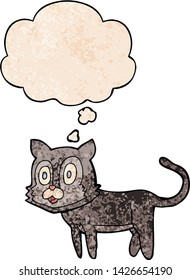 happy cartoon cat with thought bubble in grunge texture style