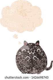 happy cartoon cat with thought bubble in grunge distressed retro textured style