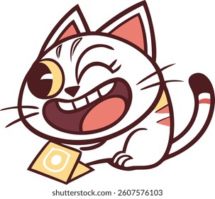 A happy cartoon cat with a white coat and orange accents is smiling widely while holding a small ticket. The cat has large expressive eyes, rosy cheek