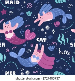 Happy cartoon cats drawn as mermaids characters seamless pattern. Cute colorful childish fantasy creatures vector flat illustration. Starfish, shell and fish elements. Scandinavian style design