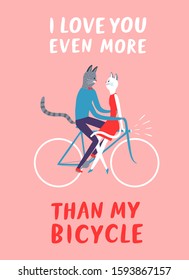 Happy cartoon cats in love riding a bicycle. Love you more than my bicycle title. Romantic and Valentine's Day illustration for your design.
