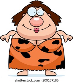 A happy cartoon cave woman standing and smiling.
