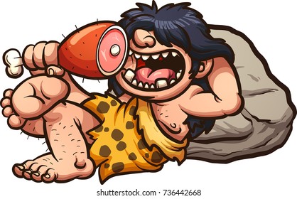 Happy cartoon caveman eating an animal leg. Vector clip art illustration with simple gradients. Caveman and rock on separate layers. 