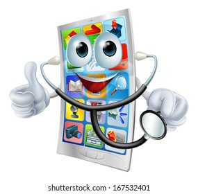 A Happy Cartoon Cell Phone Man Holding A Stethoscope 