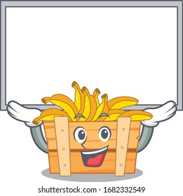 Happy cartoon character of banana fruit box raised up board