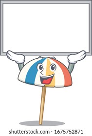 Happy cartoon character of beach umbrella raised up board