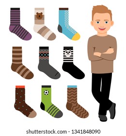 Happy cartoon character boy and male style socks vector collection. Illustration of socks male, garment apparel