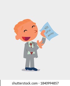happy cartoon character of businessman explaining something with document in hand