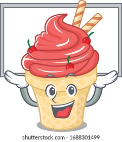 Happy cartoon character of cherry ice cream raised up board