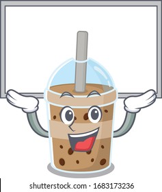 Happy cartoon character of chocolate bubble tea raised up board