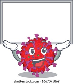 Happy cartoon character of coronavirus particle raised up board