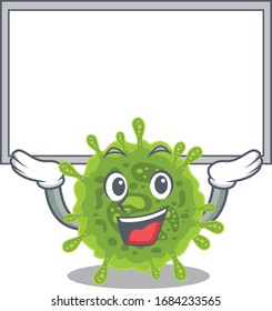 Happy cartoon character of coronavirus raised up board