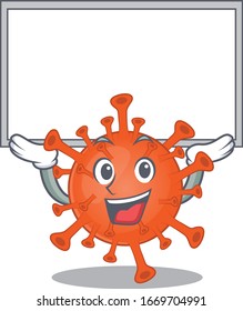 Happy cartoon character of deadly corona virus raised up board