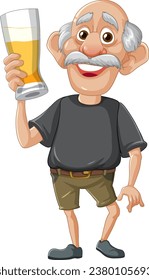 Ein glücklicher Cartoon-Charakter, ein alter Mann, der ein Glas Bier hält