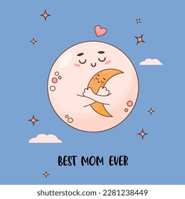 Happy cartoon character family mom moon with baby. Nostalgic holiday card Mothers Day. Vector Illustration 