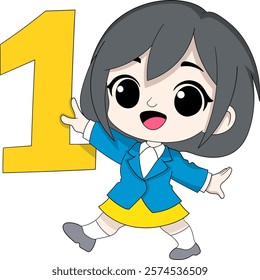 A happy cartoon character with gray hair, wearing a blue blazer and yellow skirt, joyfully holding a bright yellow number one