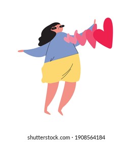 Happy cartoon character with a heart jumping out of his chest. A lovesick hand-drawn girl on an isolated white background. Color illustration for Valentine's Day. Graphic element for greeting cards.