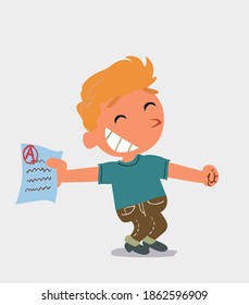 happy cartoon character of  little boy in jeans rejoices with exam in hand