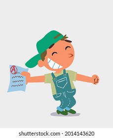 happy cartoon character of  little boy on jeans rejoices with exam in hand